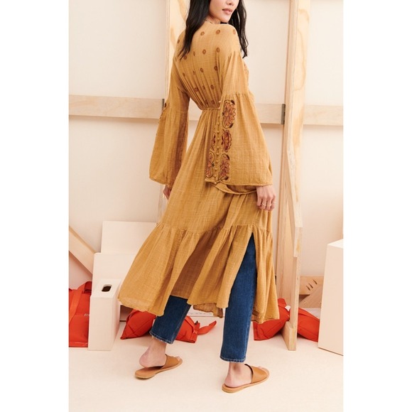 Free People Good Vibes Embroidered Kimono Duster Mustard Gold Size XS/S - Picture 6 of 14